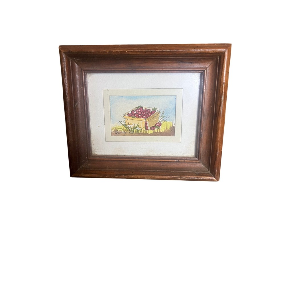 Lundquist Signed Miniature Watercolor Painting‎ Framed Strawberry Basket Art